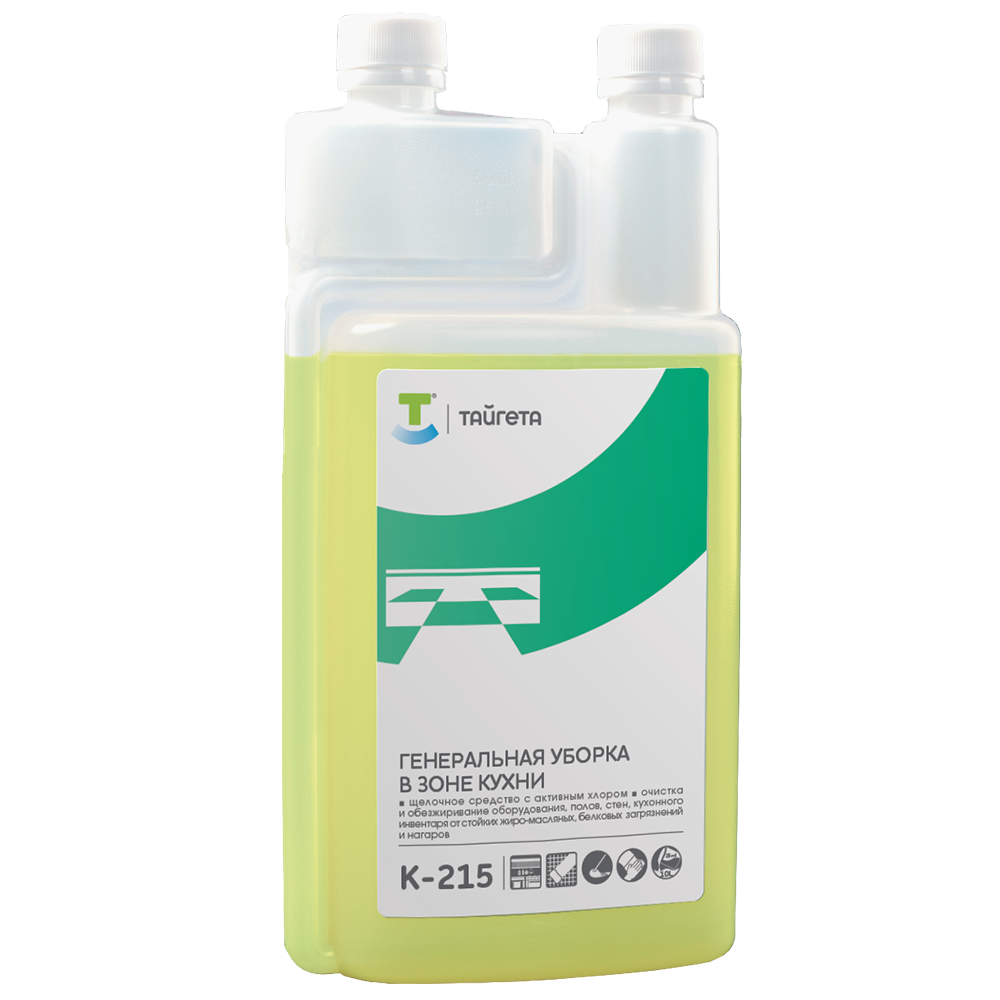 К-215 (Флакон 1 литр двухгорловый) Хлорсодержащее щелочное средство для генеральной уборки на кухне